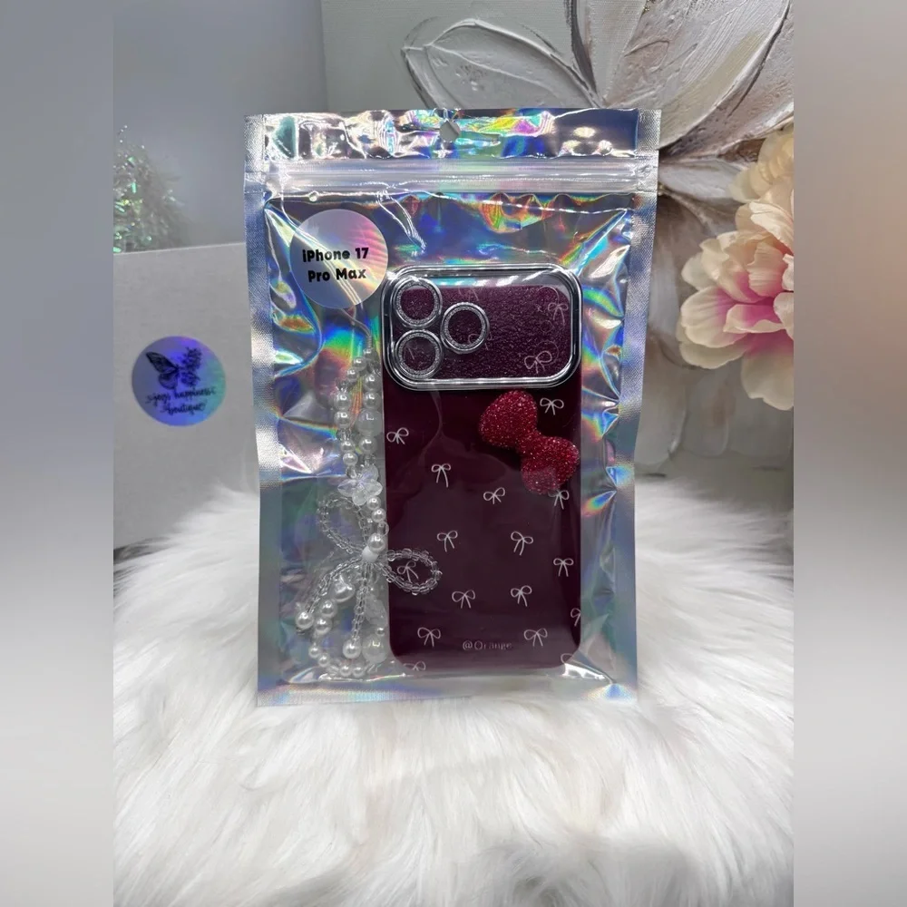 Chic iPhone 17 Pro Max  Bow Theme Wine Case w/ bows design & matching bead charm